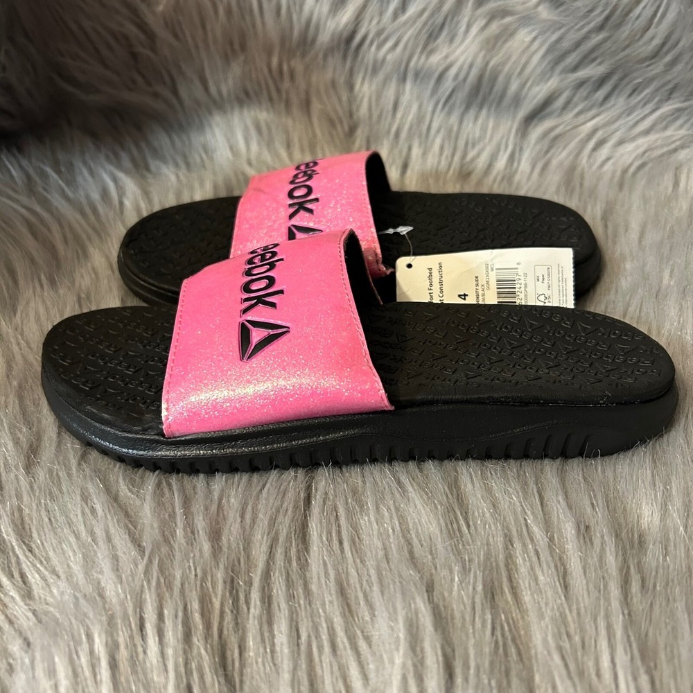 Reebok Slides Girls Size 4 Pink Black Sparkly Glitter Slip On Sandals Shoes